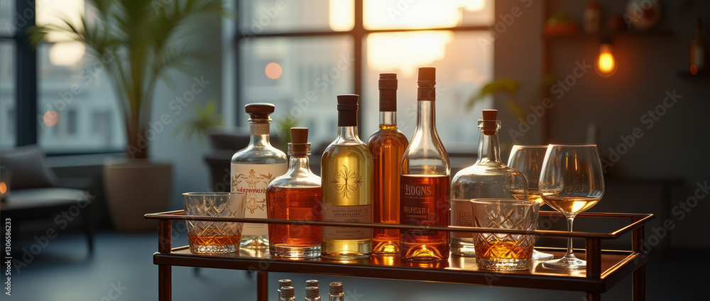 Variety of Spirits with Multiple Bottles and Glasses Displayed Variety of Spirits with Multiple Bottles and Glasses Displayed