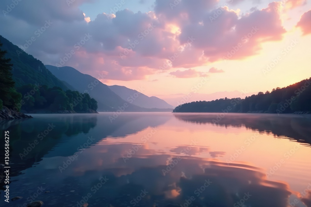 Fototapeta premium Calm lake waters reflected in the morning sky, dawn, serene