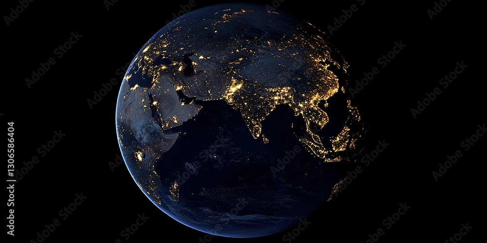 Obraz premium View of Earth at night showcasing illuminated cities and continents with stunning details of urban lights and geographical features