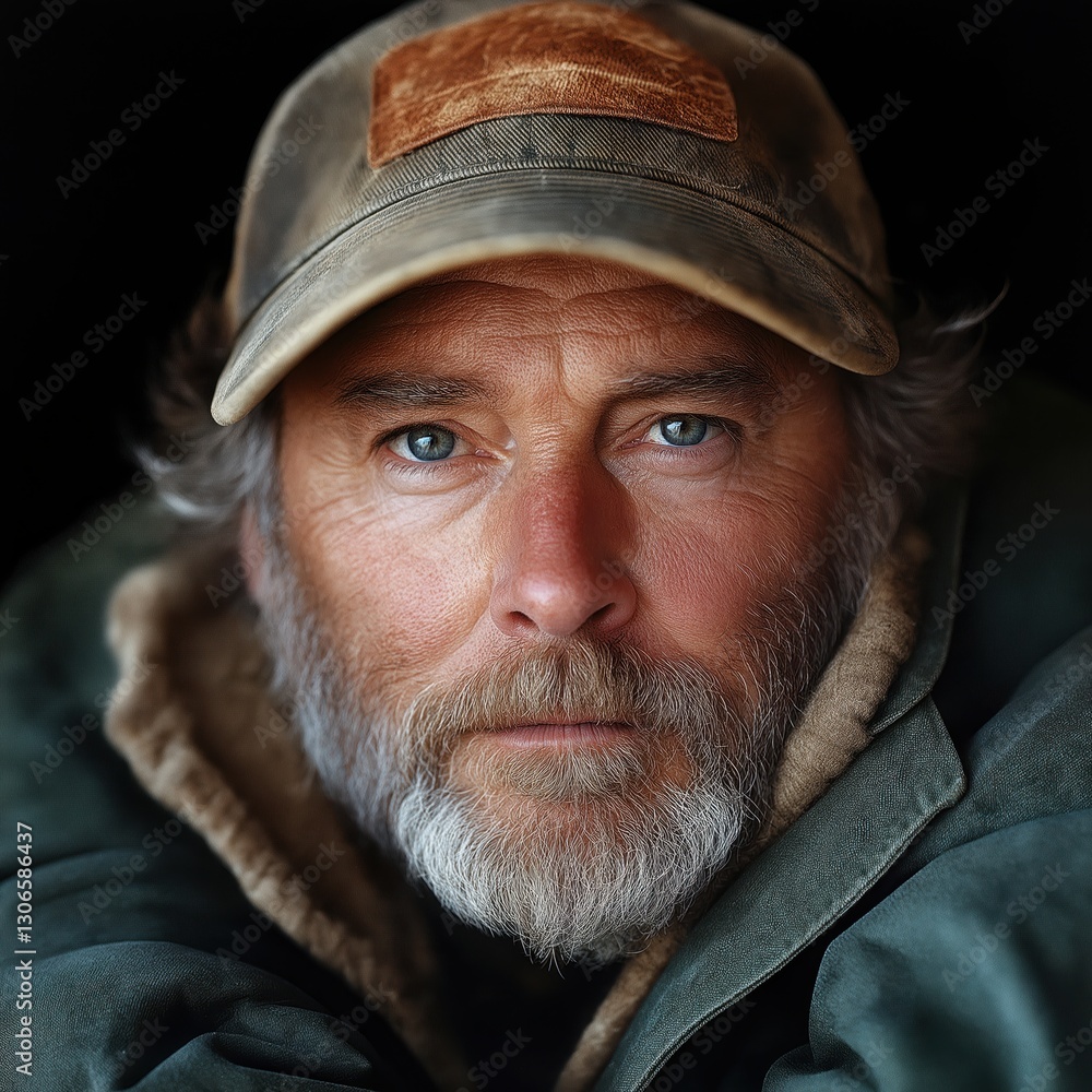 Portrait of a man with striking blue eyes wearing a cap and a green jacket while posing against a dark background Portrait of a man with striking blue eyes wearing a cap and a green jacket while posing against a dark background
