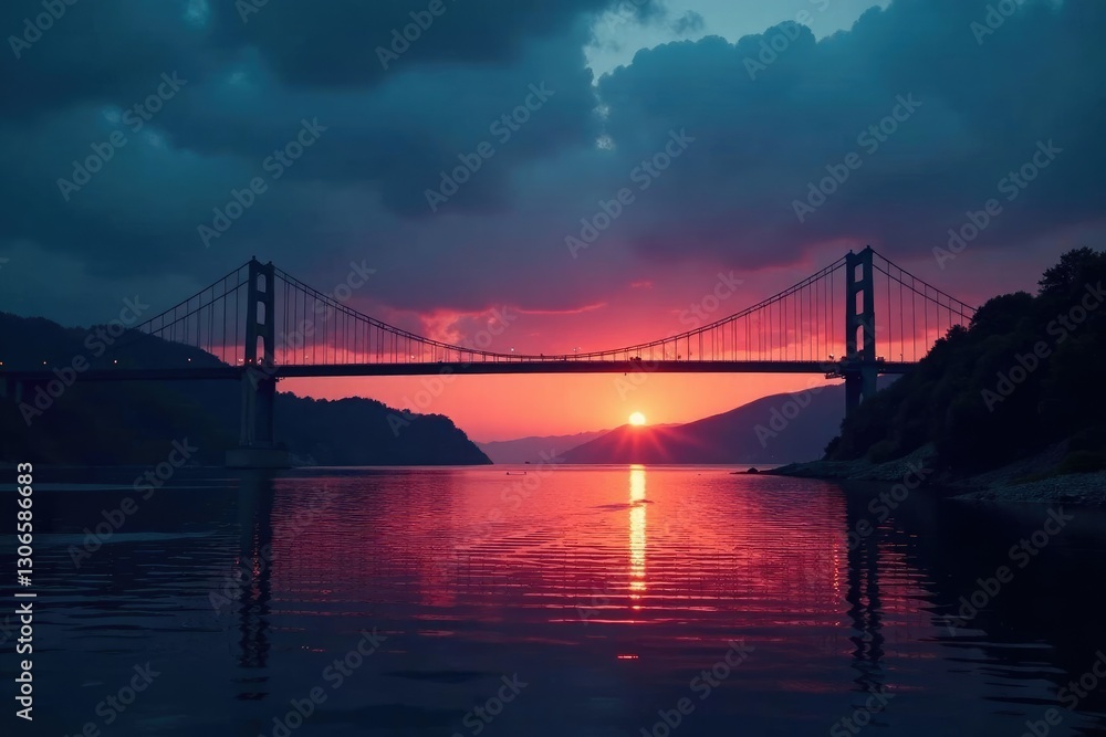 Dark silhouetted bridge spans wide river at dusk, water, darkness Dark silhouetted bridge spans wide river at dusk, water, darkness