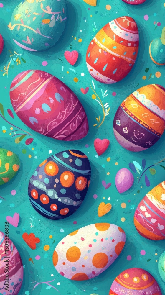 Colorful painted Easter eggs on teal background scene. Colorful painted Easter eggs on teal background scene.