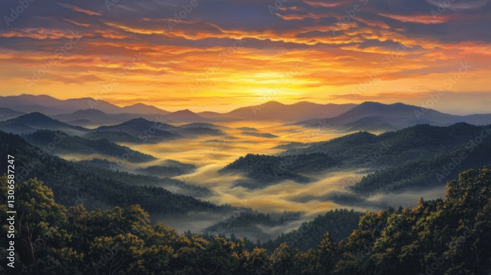 A beautiful sunrise illuminating rolling mountains and valleys with fog A beautiful sunrise illuminating rolling mountains and valleys with fog
