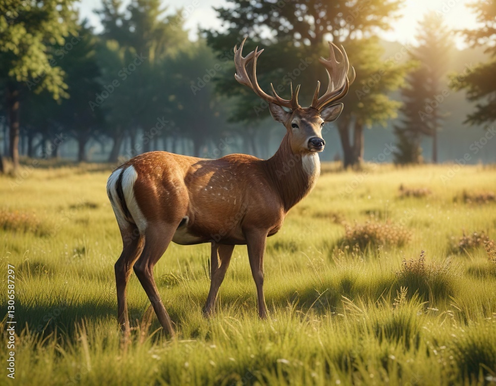Naklejka premium Male deer with velvety antlers grazing in a grassy field on a sunny day, grazing, male, field, animal kingdom