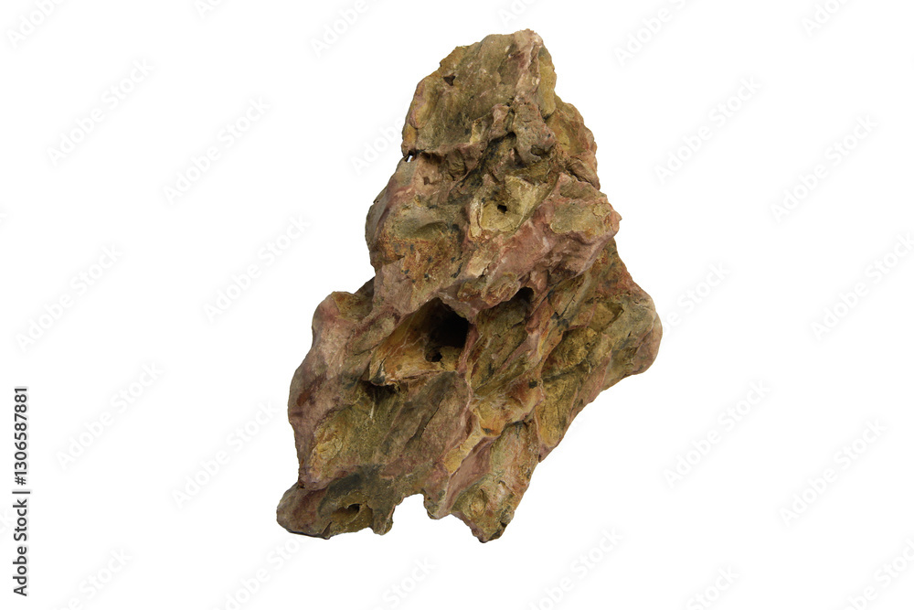Obraz premium Vertically dragon stone with jagged edges and weathered texture isolated on transparent background. PNG transparency. for aquascaping and reptile enclosures