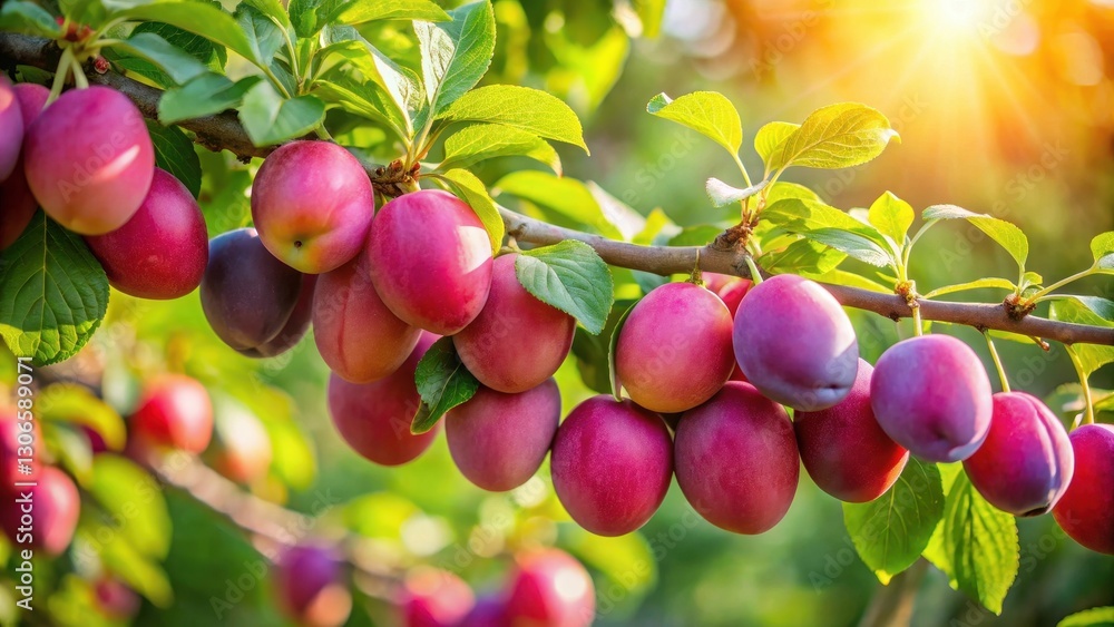 Sunlight Drenched Plums Hanging Abundantly on a Lush Branch, Showing Their Vibrant Colors and Juicy Texture in a Summer Orchard Sunlight Drenched Plums Hanging Abundantly on a Lush Branch, Showing Their Vibrant Colors and Juicy Texture in a Summer Orchard