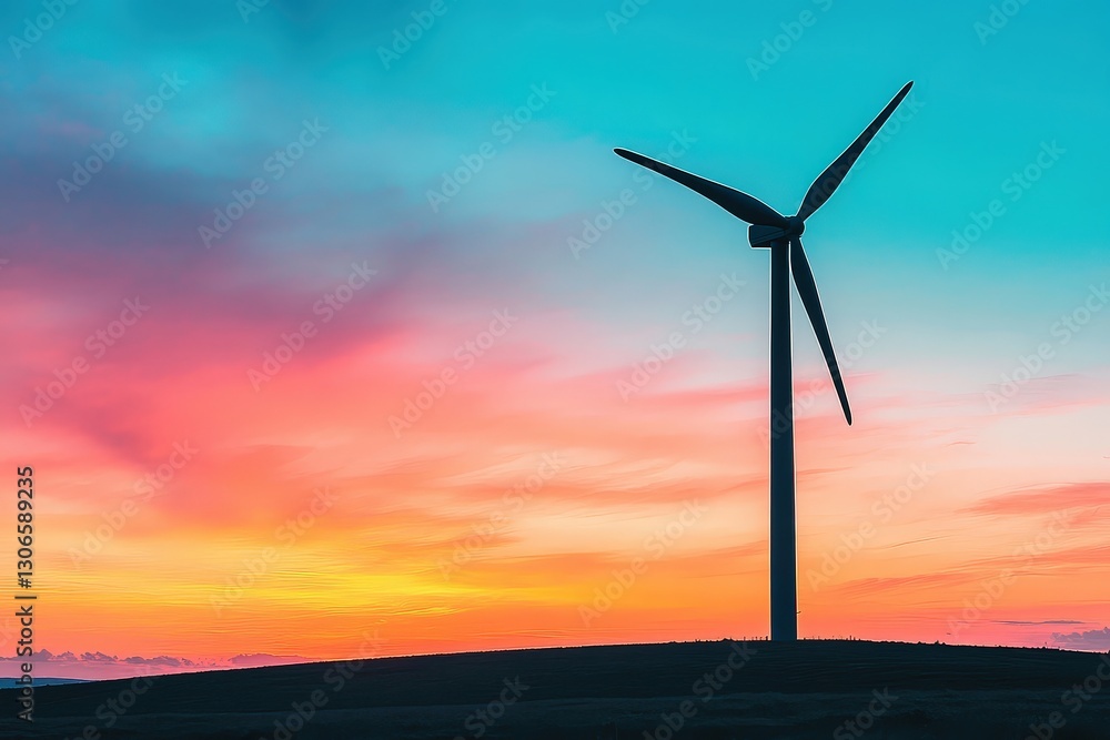 Obraz premium Sunset Casts Vibrant Colors Behind Wind Turbine Silhouette Highlighting Renewable Energy in the Landscape