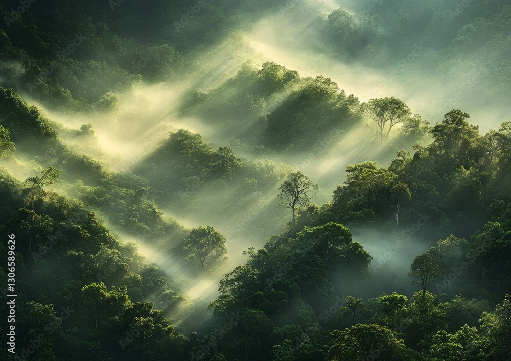 Fototapeta premium lush rainforest with misty canopy, where you can specifically see interlocked trees forming canopies and a hazy mist diffusing sunlight