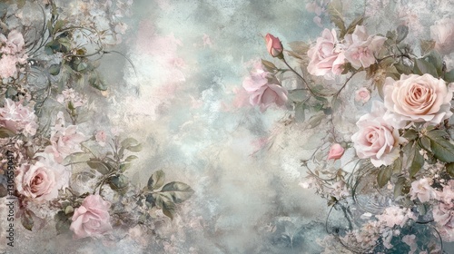 French floral carpet pattern in pastel greens and pinks, soft roses and vines, delicate and vintage, ultra-detailed, 4k