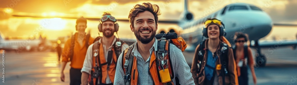 Team of Adventurous Travelers Smiling at Airport During Sunset Team of Adventurous Travelers Smiling at Airport During Sunset