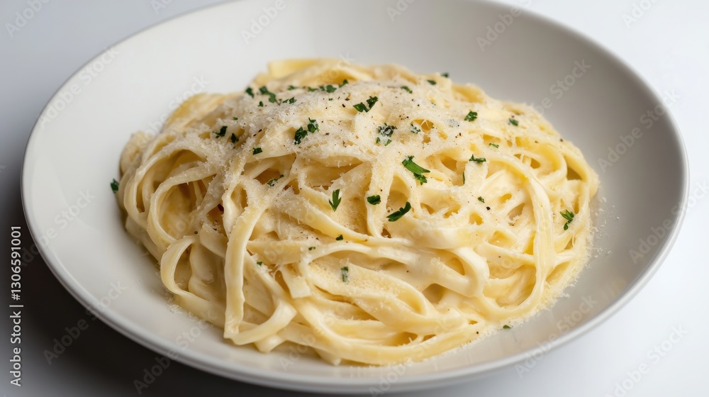 A plate of creamy fettuccine Alfredo garnished with parsley and Parmesan A plate of creamy fettuccine Alfredo garnished with parsley and Parmesan