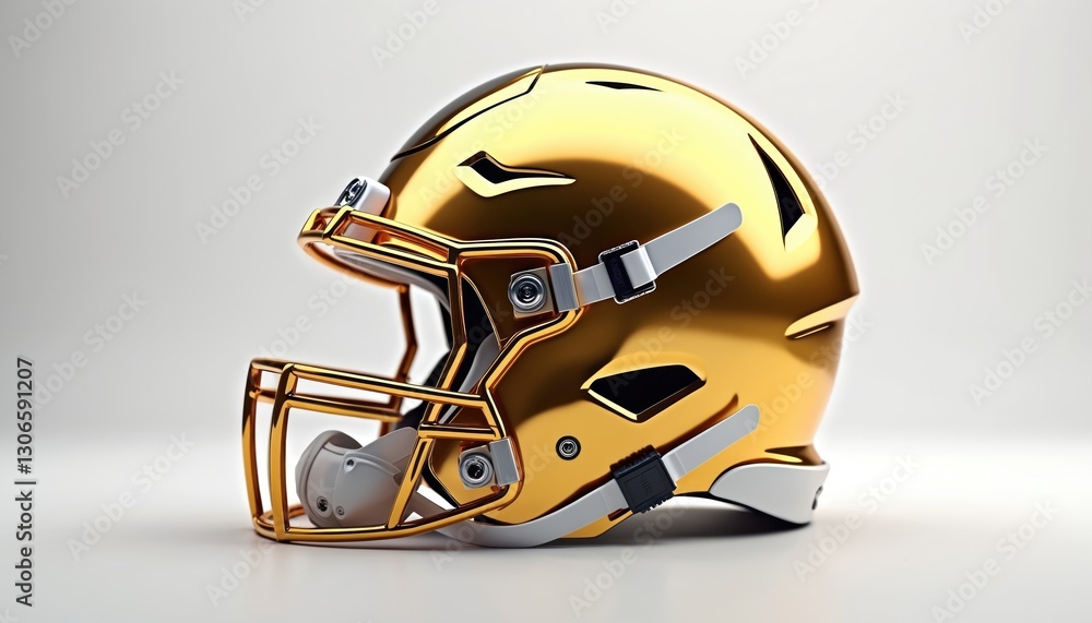 Fototapeta premium Modern gold American football helmet isolated on white background. Sport protective headgear with face mask, white stripes and gold shell. Professional equipment for player safety. Head protection.