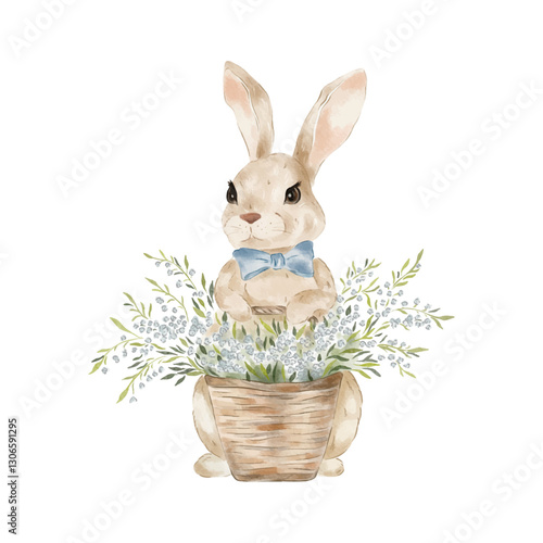 Vector watercolour easter bunny isolated on white background. Cute bunny with spring flowers. 