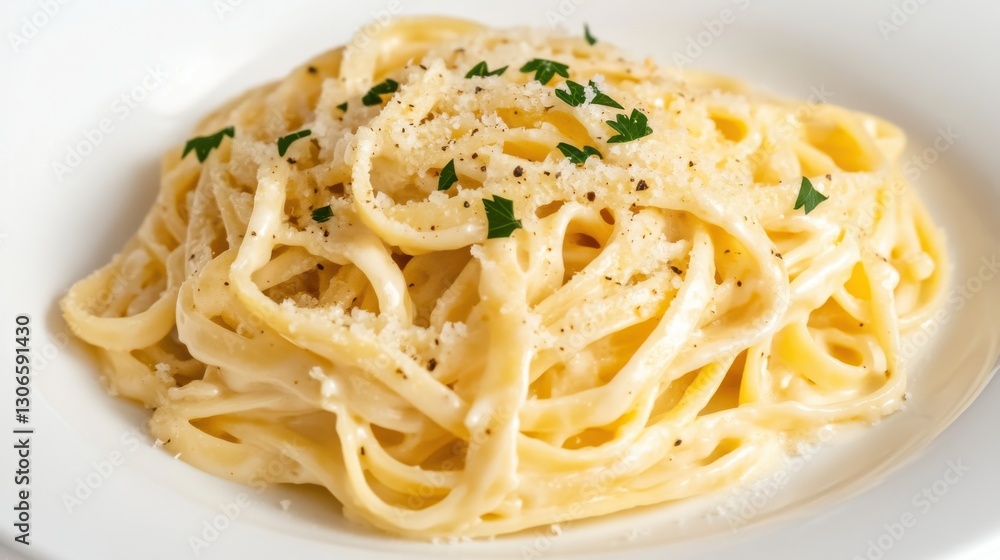 A plate of creamy fettuccine Alfredo garnished with parsley and Parmesan A plate of creamy fettuccine Alfredo garnished with parsley and Parmesan
