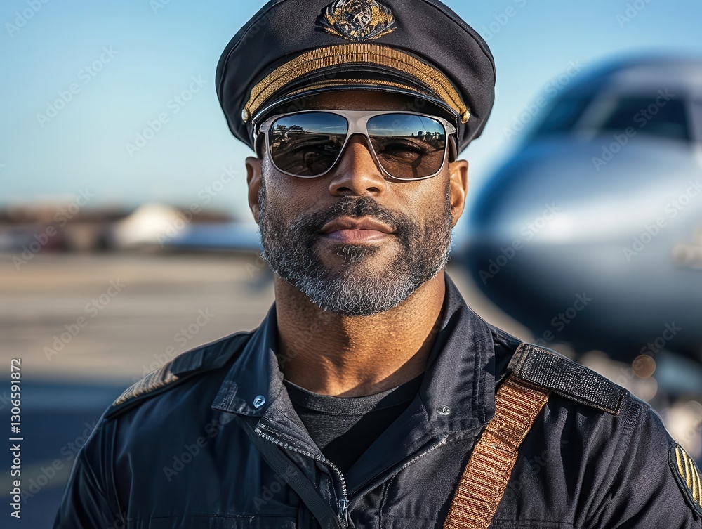 Confident African American Pilot with Sunglasses at Airport Confident African American Pilot with Sunglasses at Airport