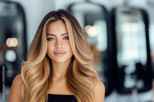 Obraz na płótnie A young Latin American woman with a fresh ombre hairstyle, turning from dark brown to honey blonde in a beauty salon. w salonie