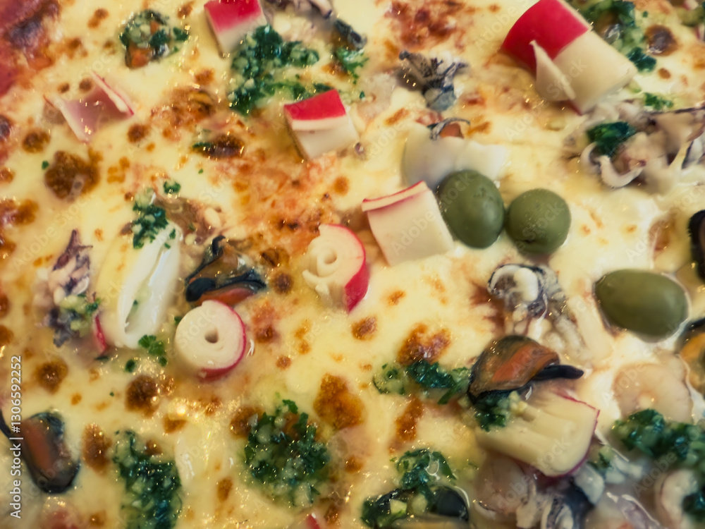 Close-Up of Cheesy Seafood Pizza with Olives and Fresh Herbs Close-Up of Cheesy Seafood Pizza with Olives and Fresh Herbs
