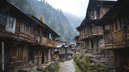 An artistic shot of traditional wooden houses in Malana, reflecting the unique architecture of the region