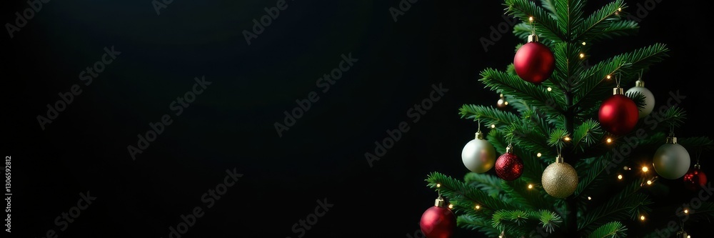 Tree's branches stretch upwards with green needles and ornaments, Christmas, evergreen, Christmas tree on black background Tree's branches stretch upwards with green needles and ornaments, Christmas, evergreen, Christmas tree on black background