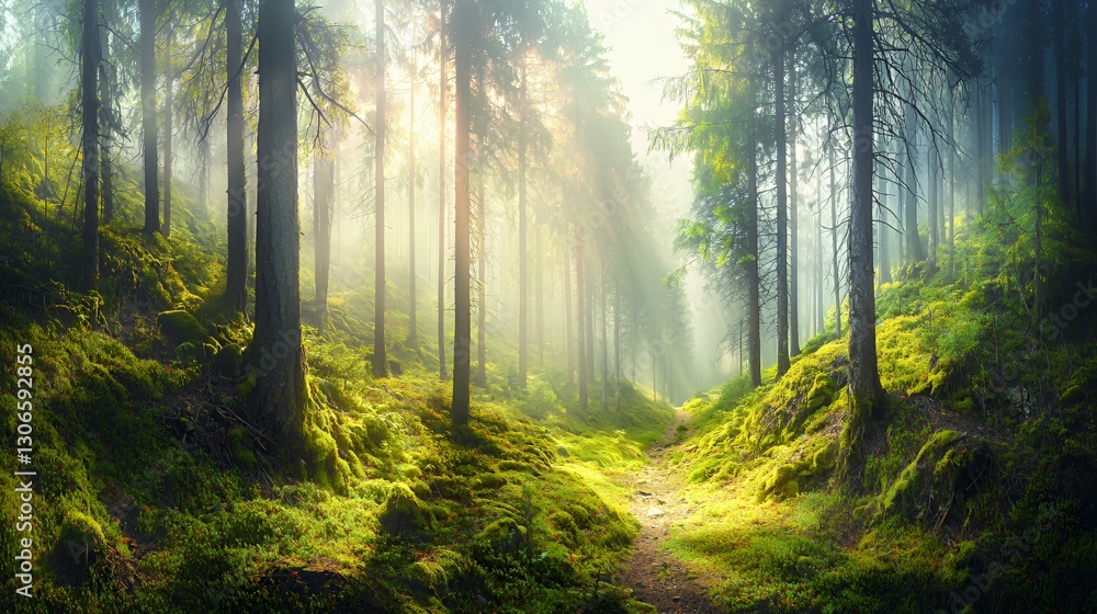 Fototapeta premium Sunlit Forest Path Through Misty Woods