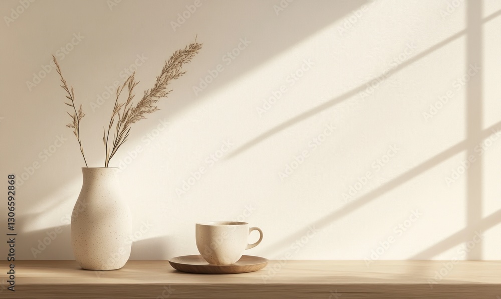 Still Life with Coffee Cup, Vase, and Sunlight on Neutral Background Still Life with Coffee Cup, Vase, and Sunlight on Neutral Background