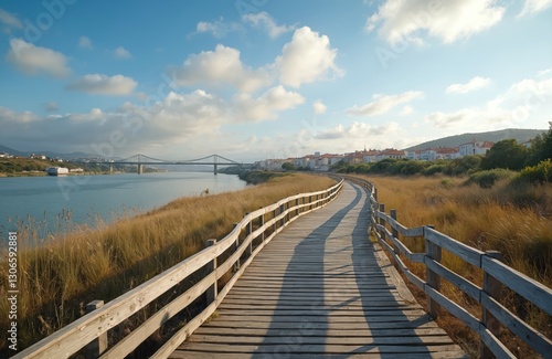 Wallpaper Mural Scenic Loures River Route wooden boardwalk path connects Lisbon to Loures in Portugal. Bridge over the Tagus river on background. Summer vacation travel concept. Path alongside calm Tagus river. Torontodigital.ca