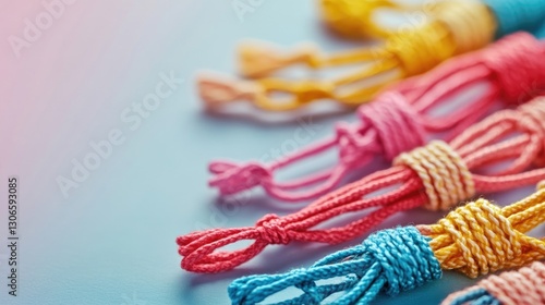 An artistic layout of friendship bracelets on a soft background
