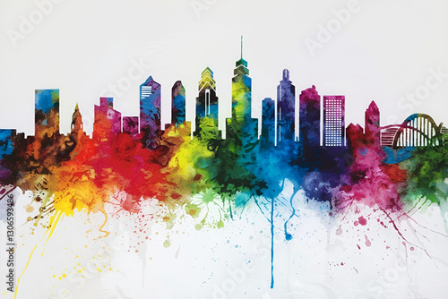 Abstract watercolor skyline of philadelphia, modern pop art with stencil design, vibrant colours and minimalist shapes