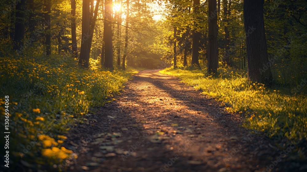 Obraz premium Sunlit Forest Path with Yellow Flowers
