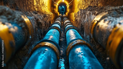 Wallpaper Mural Modern water supply, sewerage system construction. Underground pipelines installed in trench encased in concrete pipe. Plastic pipes for water, wastewater disposal laid. 32k Resolution Torontodigital.ca