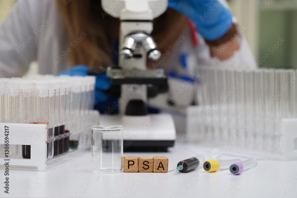 A skilled lab technician performs PSA testing by utilizing a microscope along with various test tubes and equipment