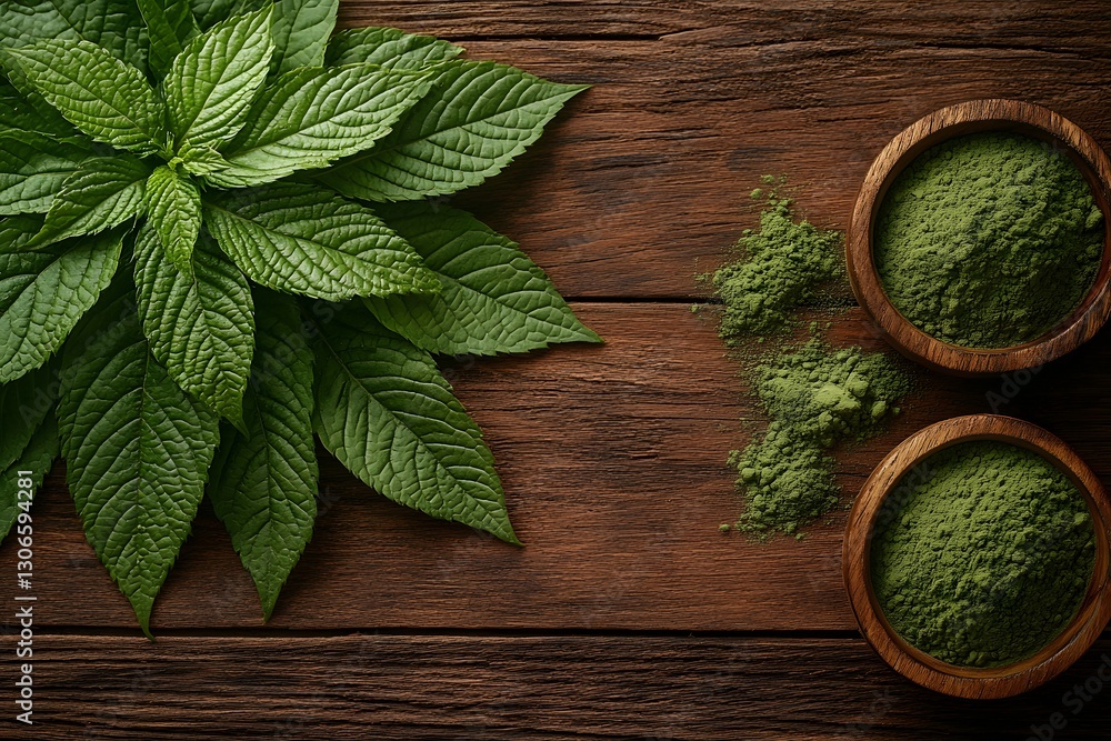 Fresh Moringa Leaves and Powder on Rustic Wooden Surface for Natural Health and Wellness Fresh Moringa Leaves and Powder on Rustic Wooden Surface for Natural Health and Wellness