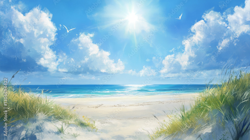 Bright sun shining over serene beach landscape evokes tranquility