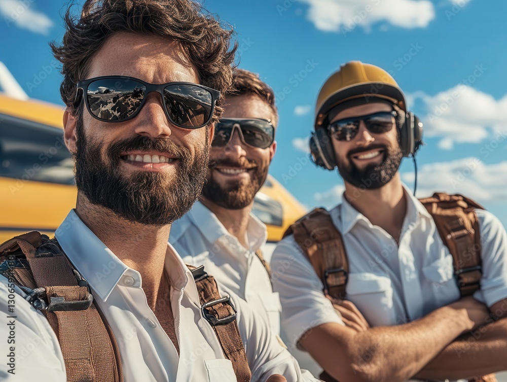 Three Smiling Men in Sunglasses with Safety Gear in Bright Sky Three Smiling Men in Sunglasses with Safety Gear in Bright Sky