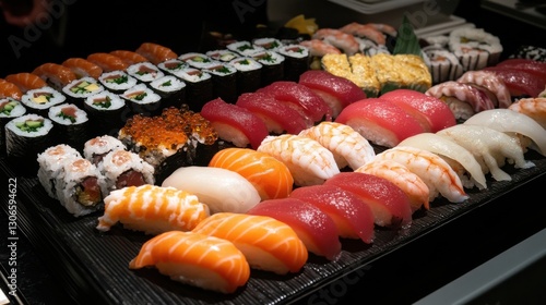 A vibrant sushi buffet with different types of maki and nigiri