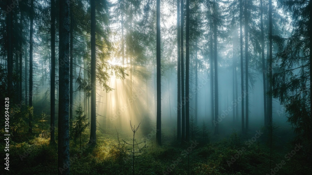 Fototapeta premium Sunbeams penetrate through the misty trees in a dense forest