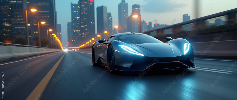 Sleek Futuristic Sports Car Speeding Down an Empty Road at Dusk Sleek Futuristic Sports Car Speeding Down an Empty Road at Dusk