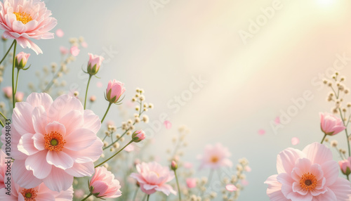 Beautiful pastel pink flowers in full bloom with soft sunlight and a dreamy, blurred background. Perfect for nature, spring, and floral-themed designs.
