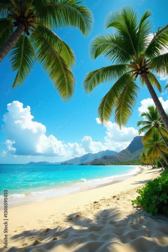 Obraz premium Tall palms sway gently in Hawaiian breeze; pristine sand stretches endlessly , holiday getaway, serene