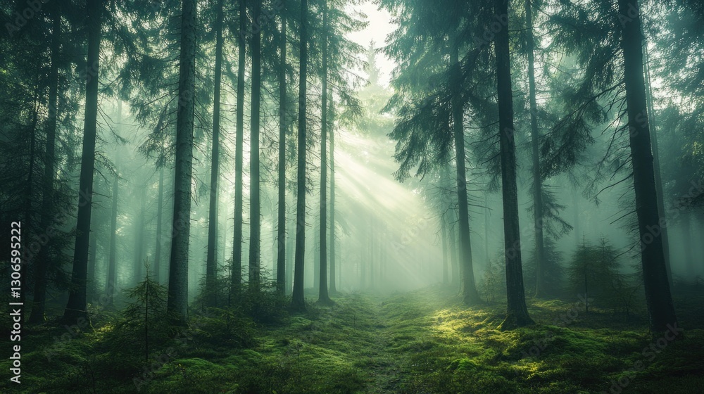 Fototapeta premium Sunlit Forest Path with Tall Trees and Green Ground