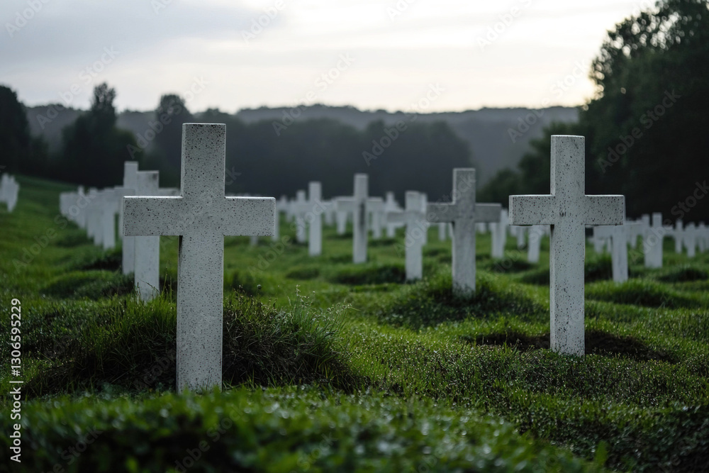 Military cemetery honoring fallen soldiers with white crosses surrounded by green grass Military cemetery honoring fallen soldiers with white crosses surrounded by green grass