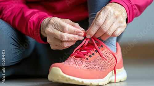 Elderly woman tying shoelaces on athletic shoes, showcasing independence and care. This moment highlights importance of mobility and self sufficiency in daily life