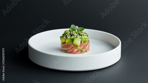 A fine dining presentation of tuna tartare with avocado and sesame seeds