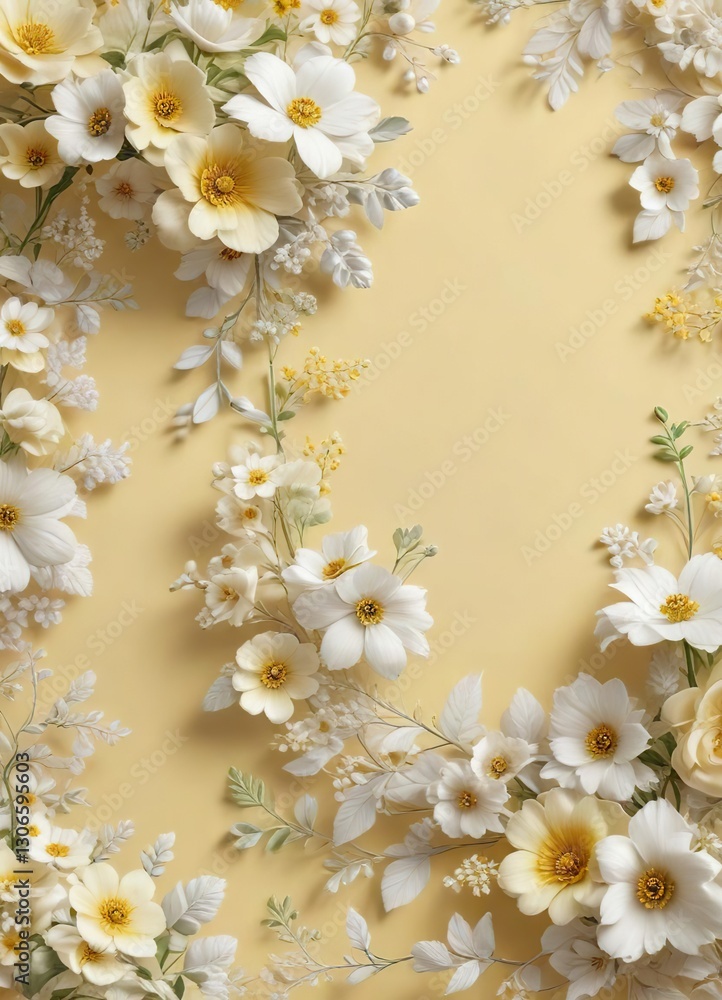 Pale yellow backdrop with white and yellow floral decoration, fragrant flowers, floral decor, botanical design Pale yellow backdrop with white and yellow floral decoration, fragrant flowers, floral decor, botanical design