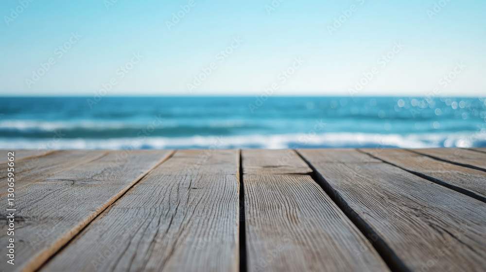 Fototapeta premium Wooden planks overlooking serene beach and ocean view