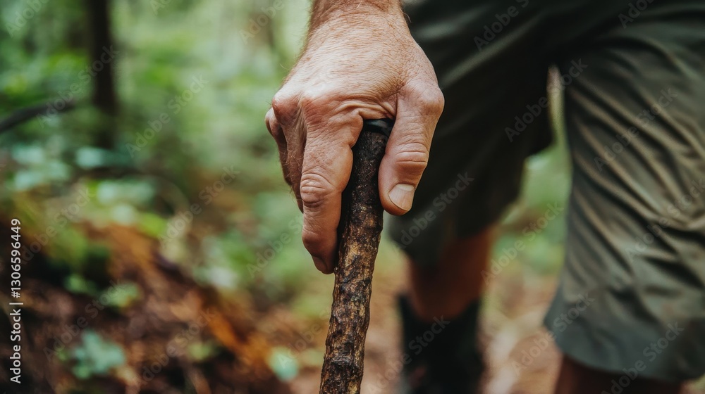 Fototapeta premium Person holding a wooden walking stick during an outdoor hike