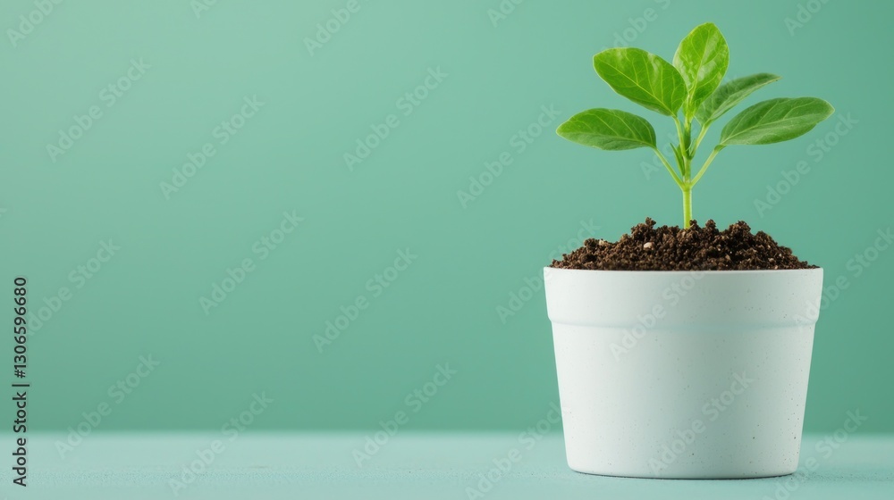 Fresh Green Plant Growing in White Pot with Soil Against Soft Green Background