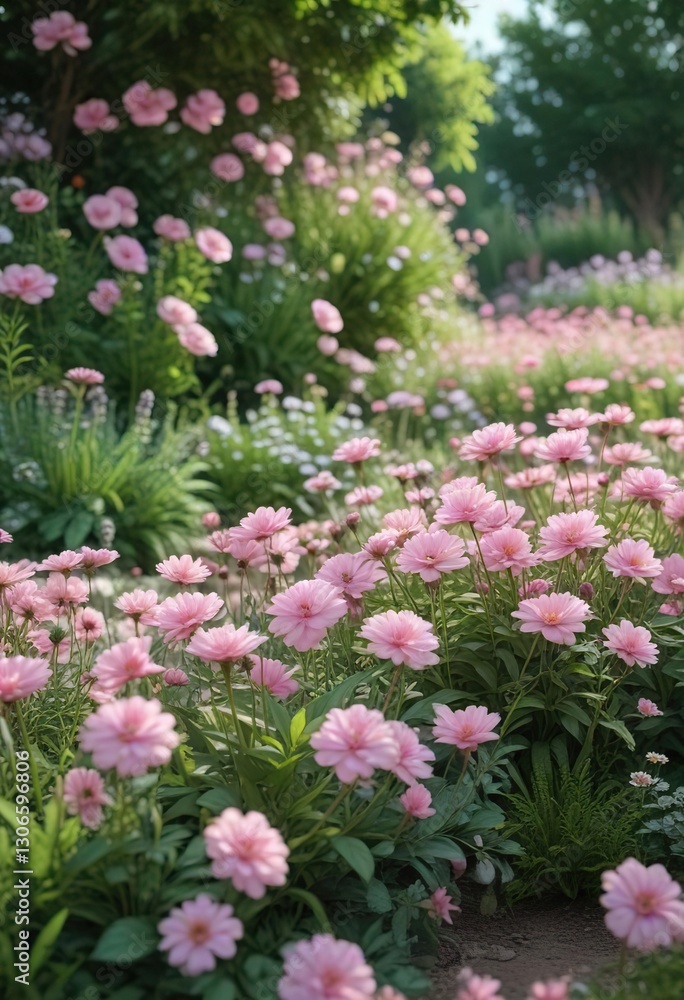 Pastel pink flowers blooming in a garden filled with greenery and vibrant flowers, nature, blooming flowers, garden Pastel pink flowers blooming in a garden filled with greenery and vibrant flowers, nature, blooming flowers, garden