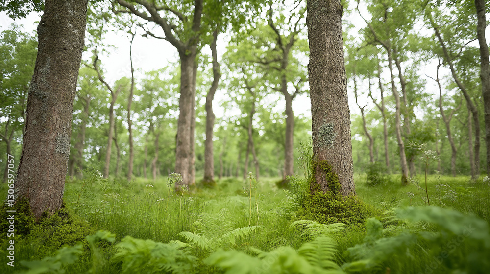 Green forest with tall trees and lush ferns Green forest with tall trees and lush ferns