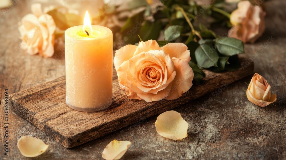 A serene arrangement featuring a lit candle beside soft peach roses on a rustic wooden surface, evoking a warm and romantic atmosphere. A serene arrangement featuring a lit candle beside soft peach roses on a rustic wooden surface, evoking a warm and romantic atmosphere.